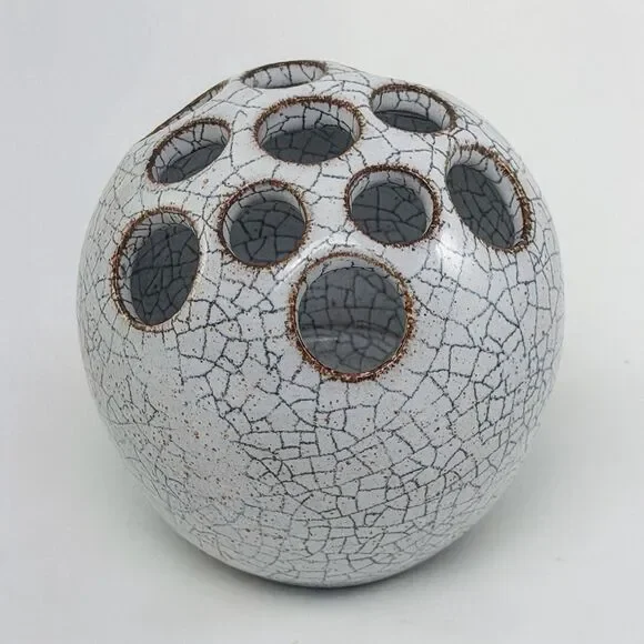 Signed Studio Pottery Crackle Glaze Flower Frog Gray Spherical Ikebana - Picture 2 of 5
